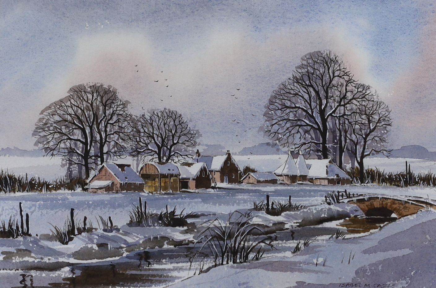 Isabel M. Castle (20th C.), watercolour, 'Bridge in the snow', signed, 20 x 30cm